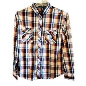 Plaid Button-Up Shirt By Various Artists Size M Brown & Blue Cotton/Polyester Bl
